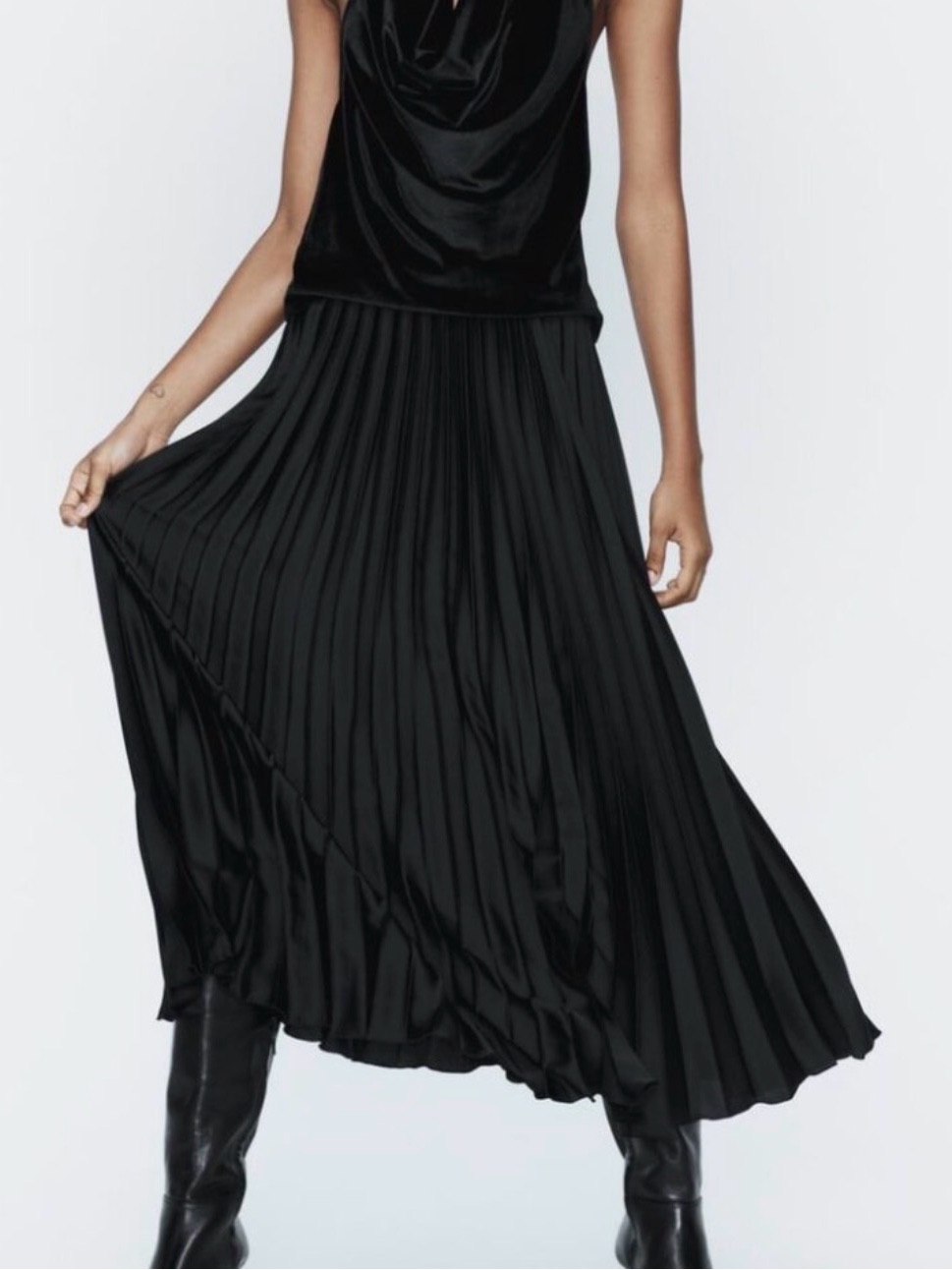 Nwt Zara Black Satin Pleated Midi Skirt. Size Large